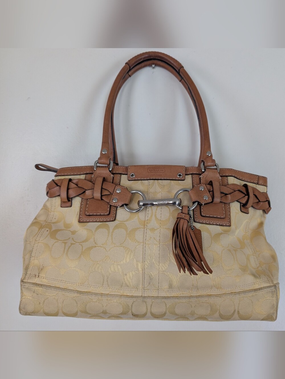 Coach Legacy Hampton Yellow w/ Brown Tan Leather trim braid  Satchel Medium